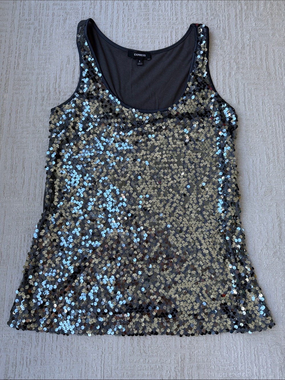 Express Black Sequin Tank Top with Iridescent Blue Sheen